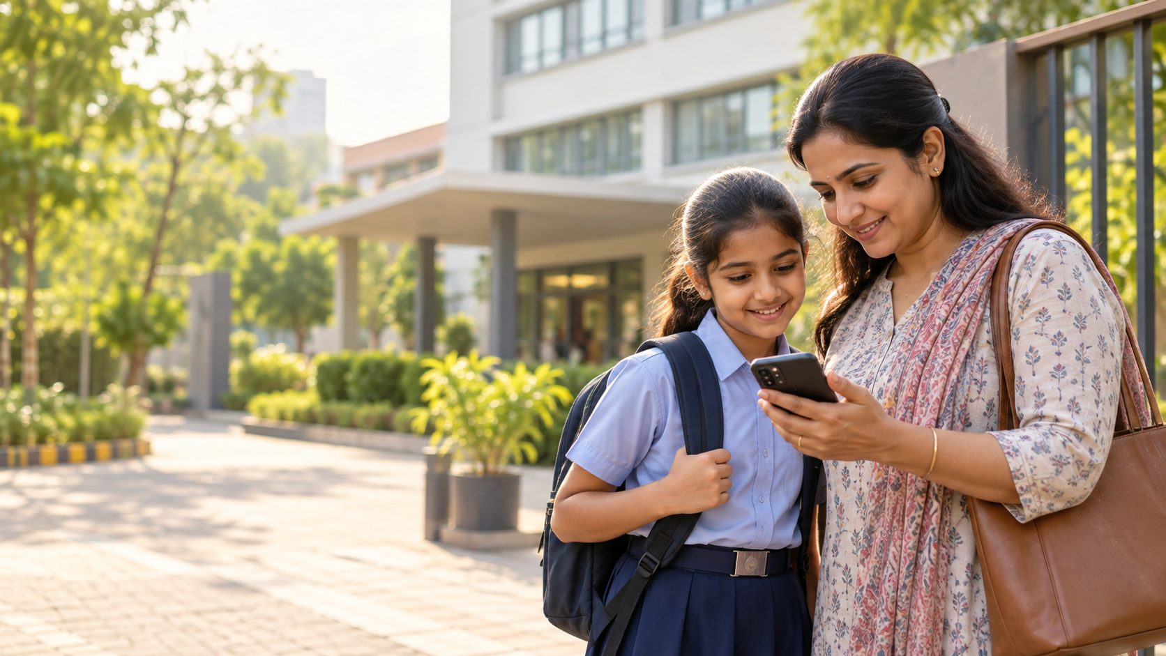 Indian parent and child reviewing school admission information outside a Thane school.