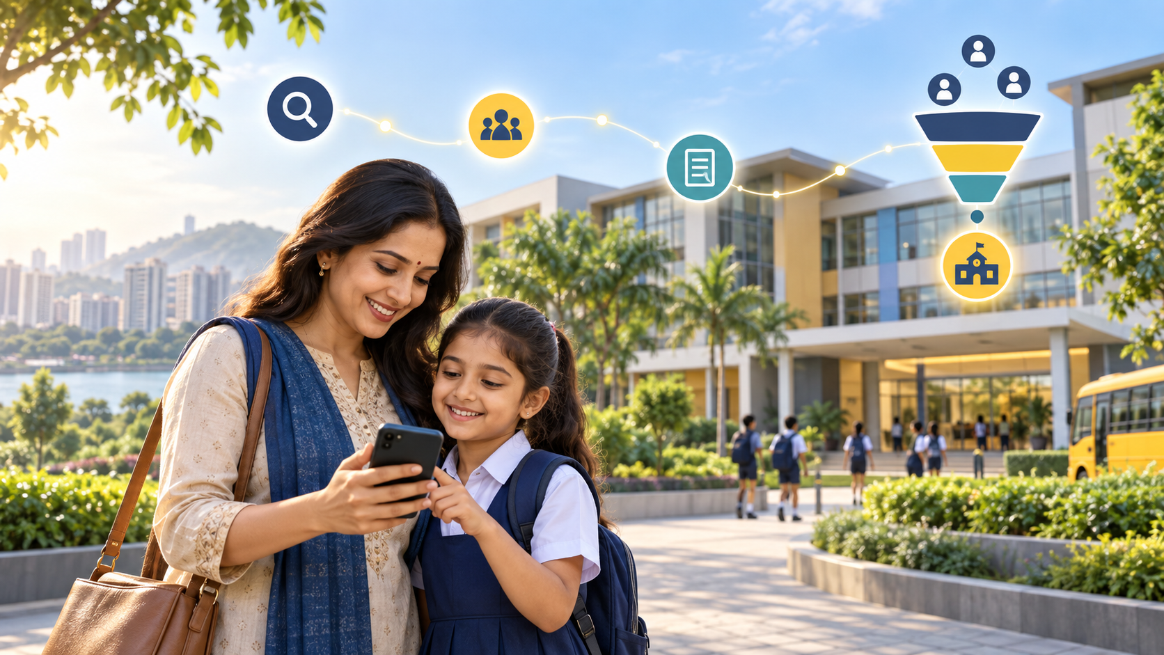 Indian parent and child using a phone outside a modern school for Thane admission marketing.