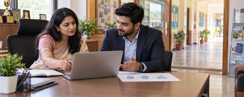 School admissions manager and marketing agency consultant planning enquiry follow-up
