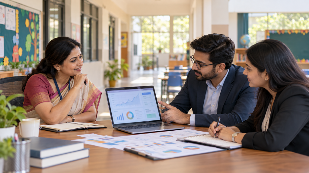 School administrator discussing admission campaigns with a professional digital marketing agency team