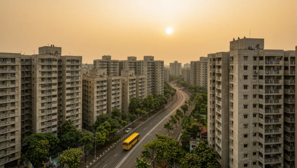 Suburban residential towers in Mumbai at golden hour with a yellow school bus on the road below