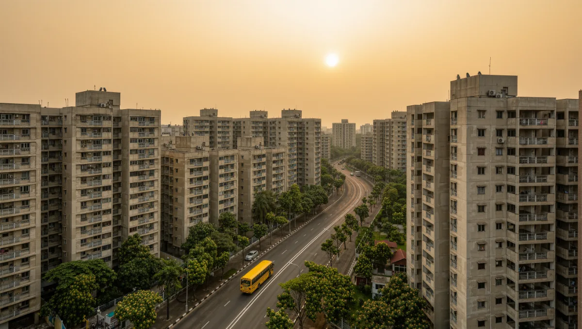 Suburban residential towers in Mumbai at golden hour with a yellow school bus on the road below